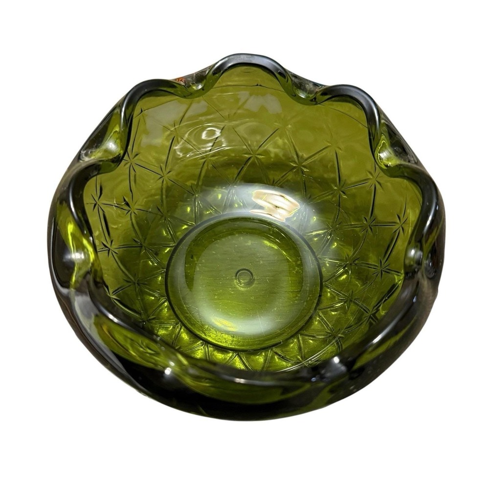 Vintage Olive Green Glass Candy Dish Fluted Scalloped Bowl Starburst Pattern